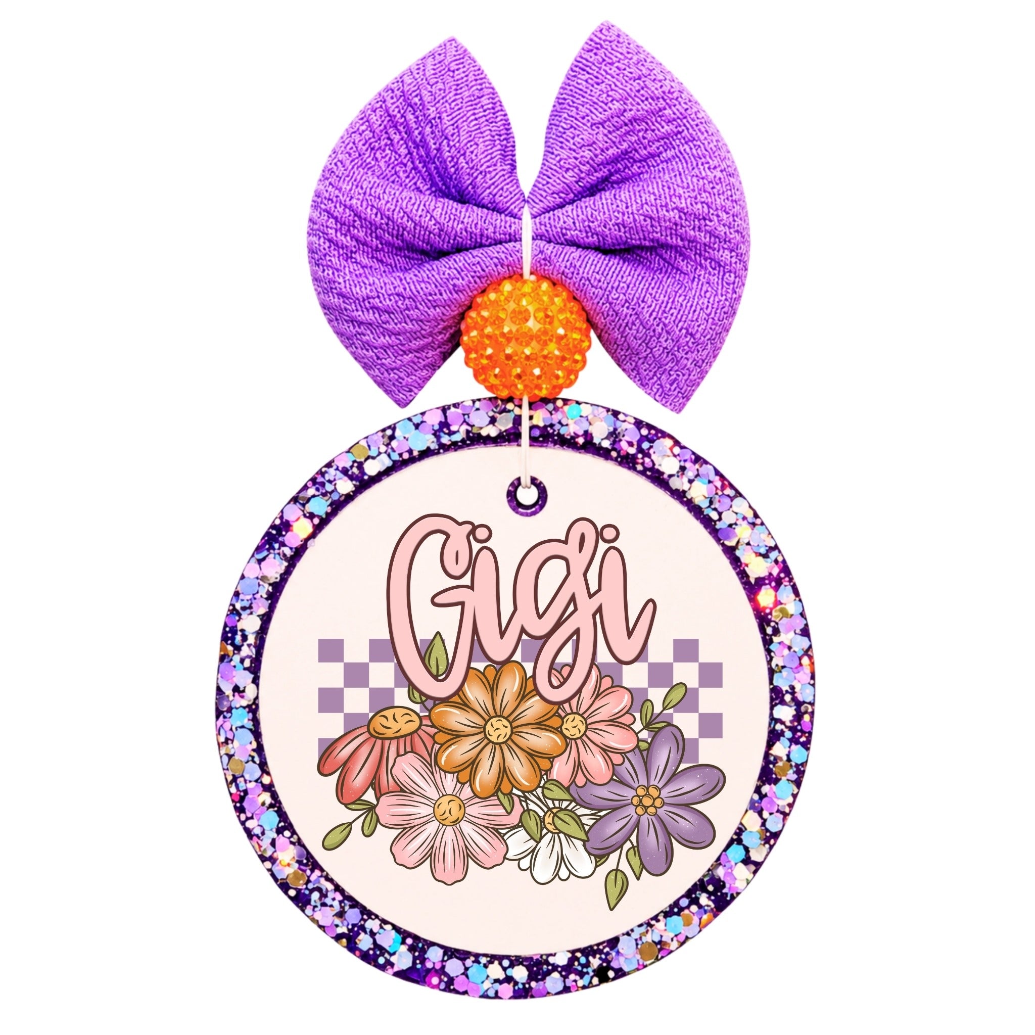 Gigi floral script design with colorful flowers and purple checkered background.