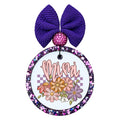 Mimi floral script design with colorful flowers and purple checkered background.