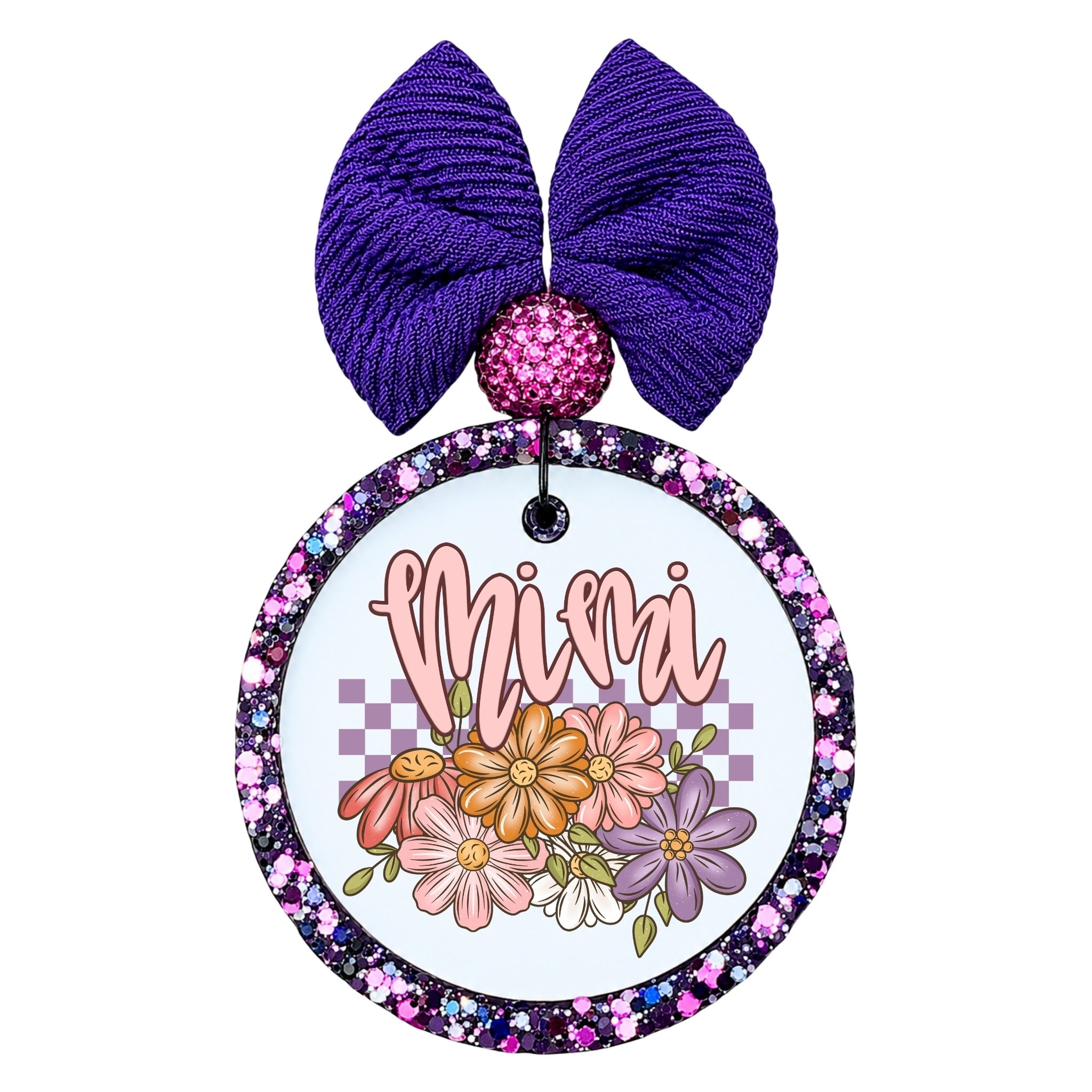 Mimi floral script design with colorful flowers and purple checkered background.