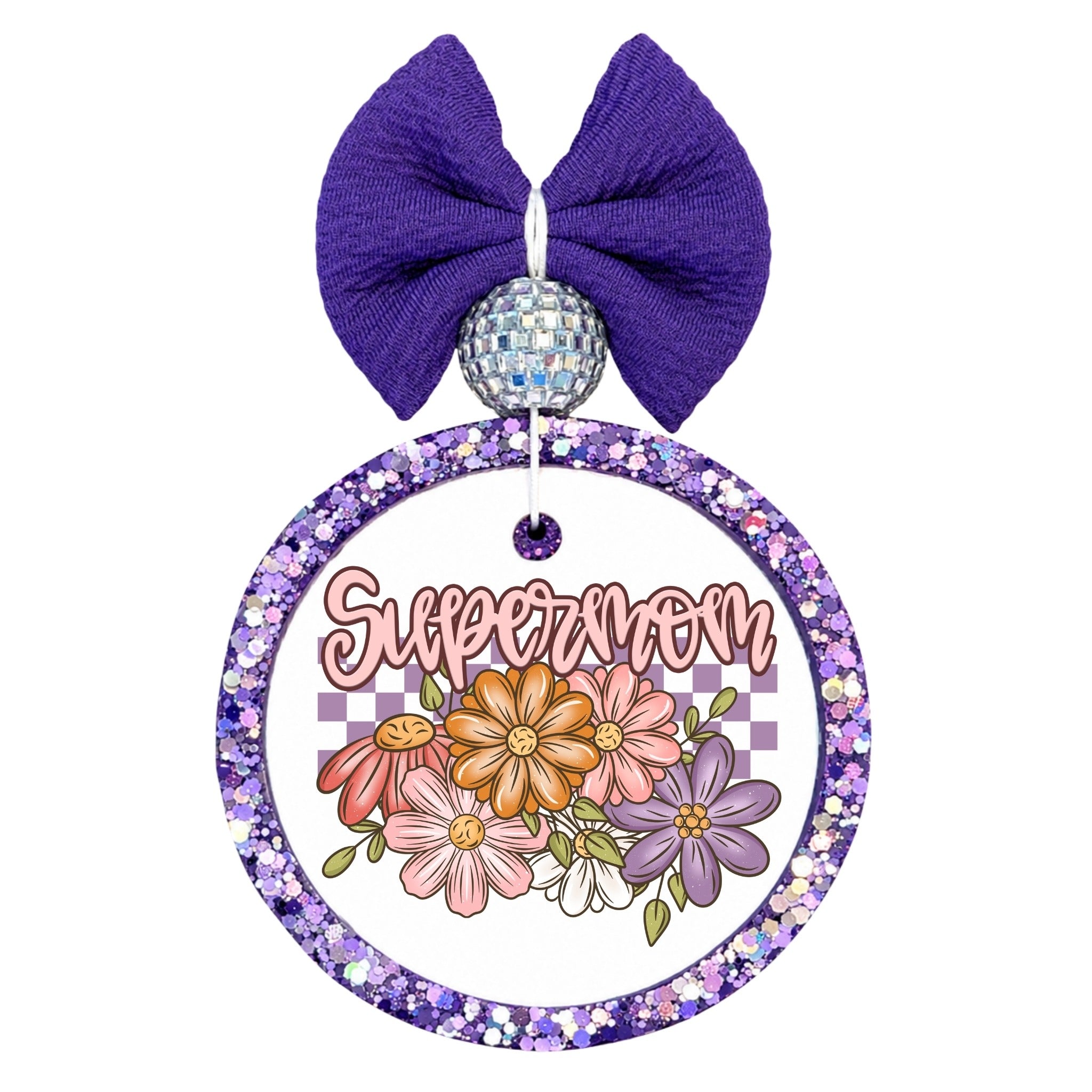 Supermom floral design with colorful flowers on a checkered background.