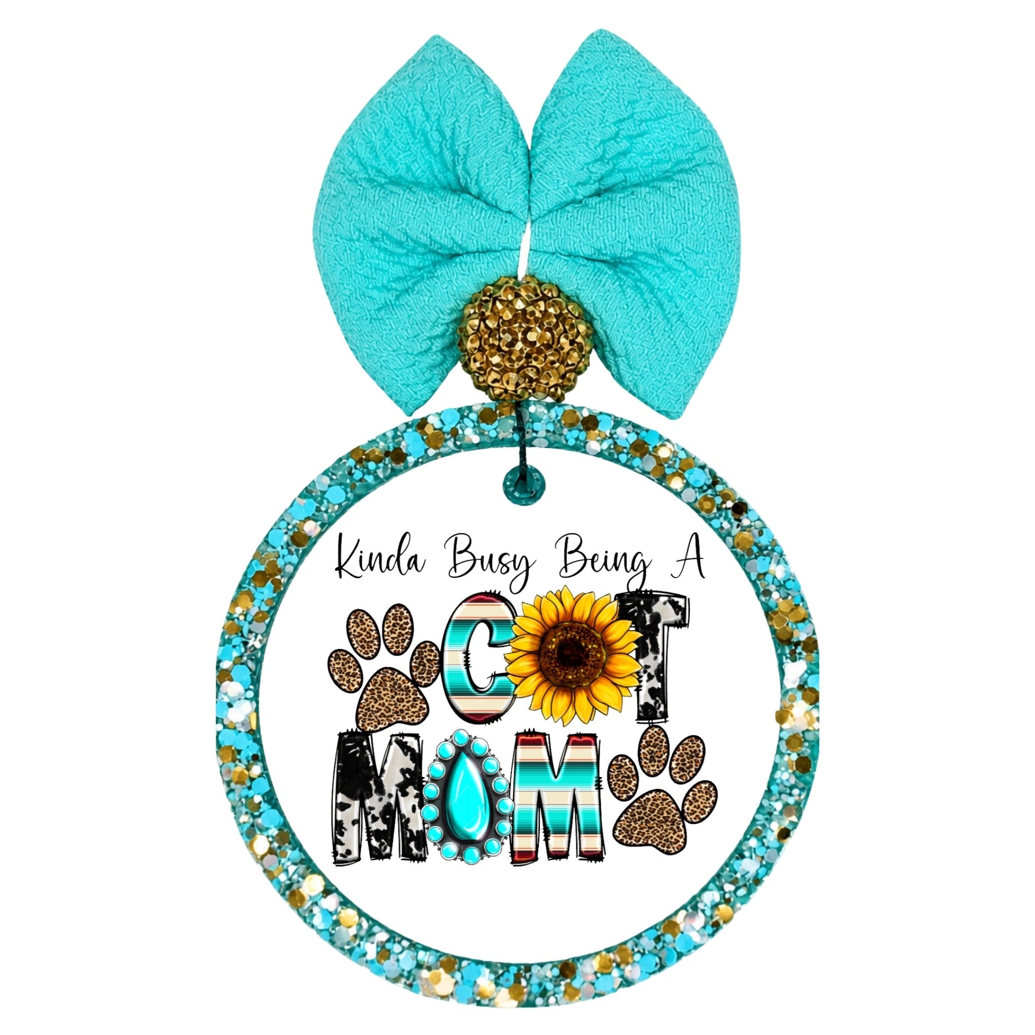Kinda Busy Being a Cat Mom design with paw prints, sunflower, leopard print, and turquoise accents.