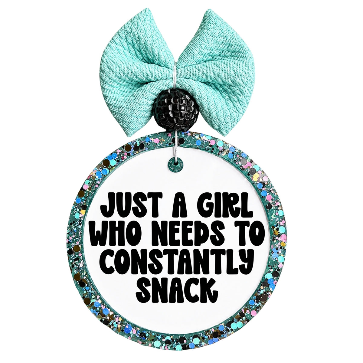 Just a girl who needs to constantly snack bold black quote design.