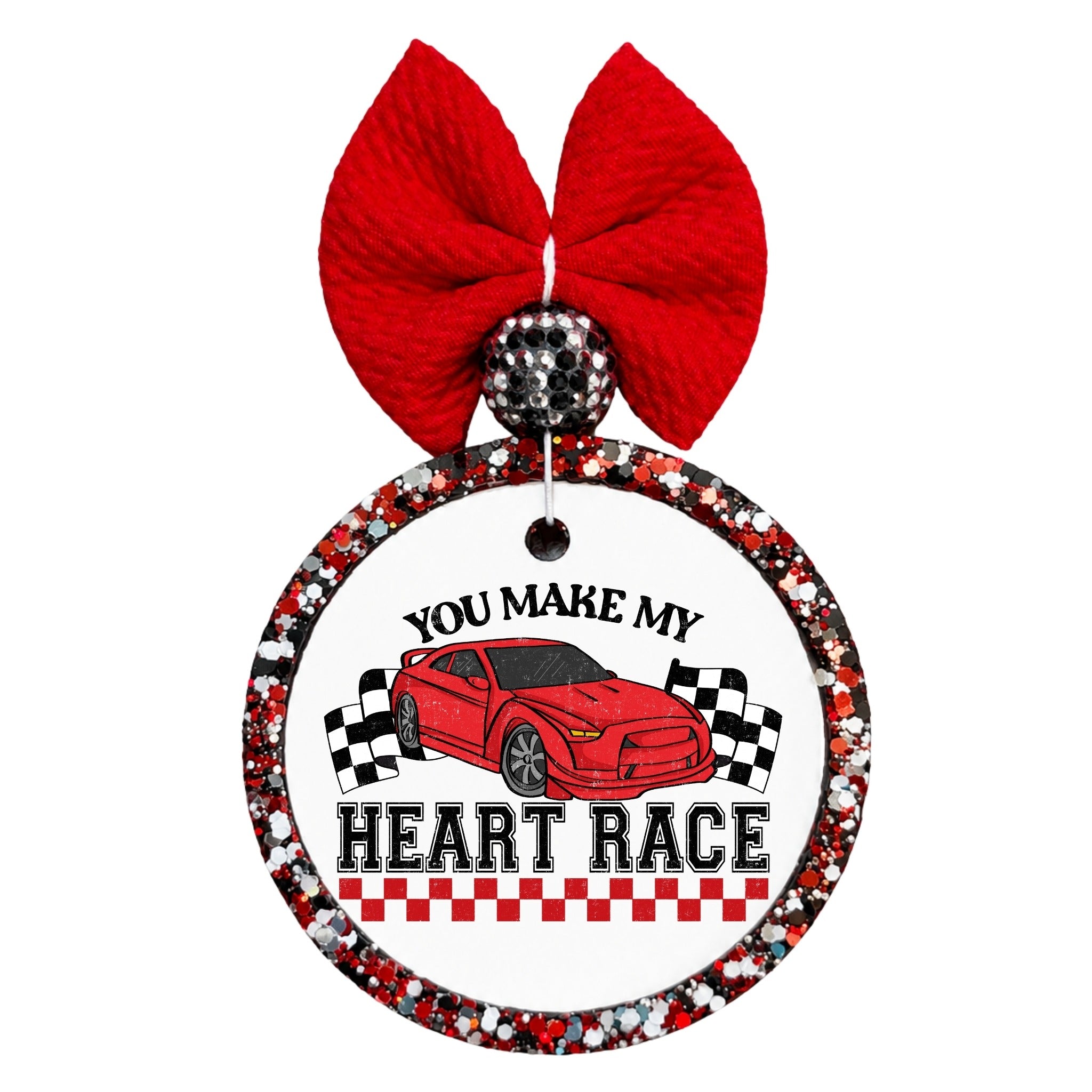 You make my heart race design with a red sports car and checkered racing flags.