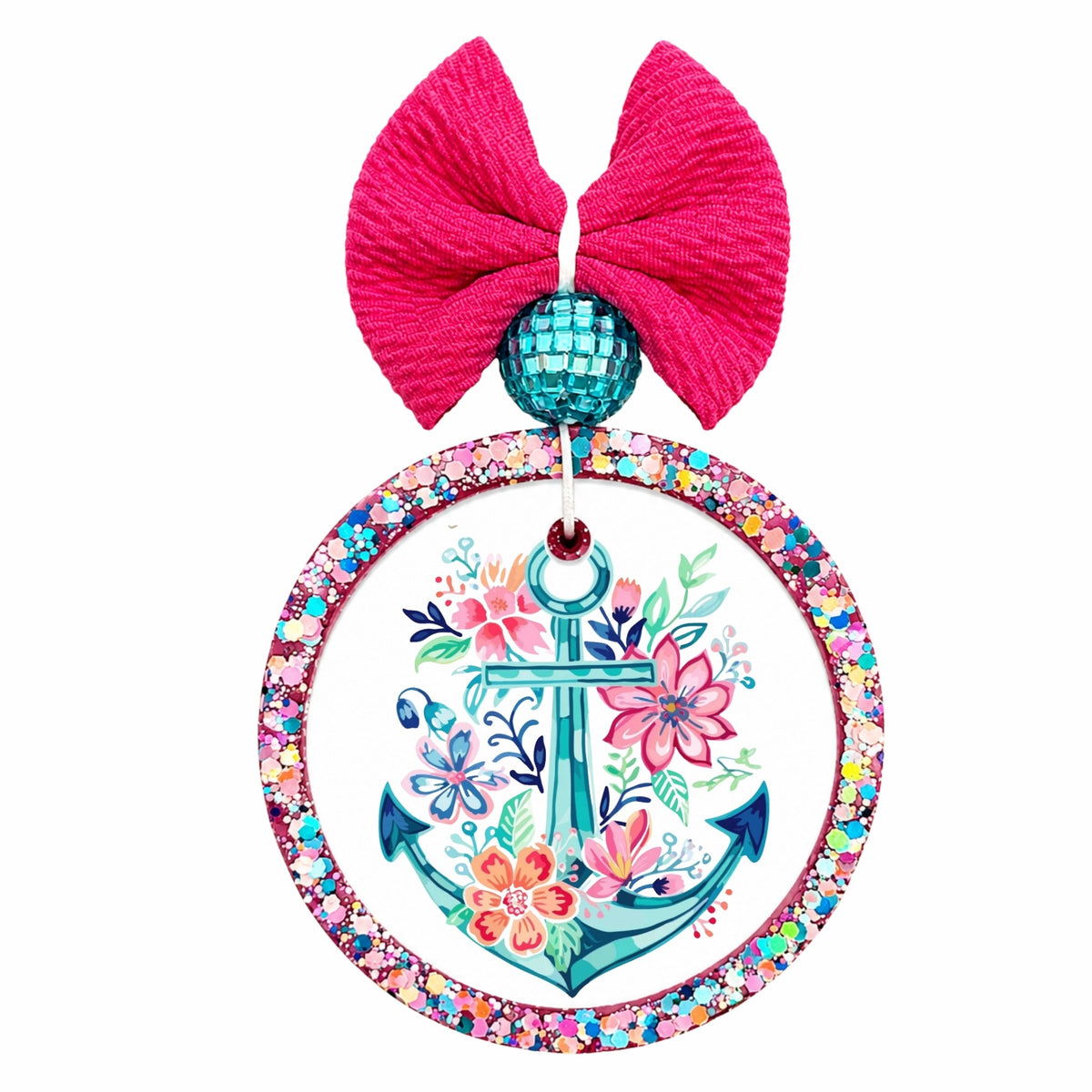 Colorful floral anchor design in turquoise, pink, coral, and navy.