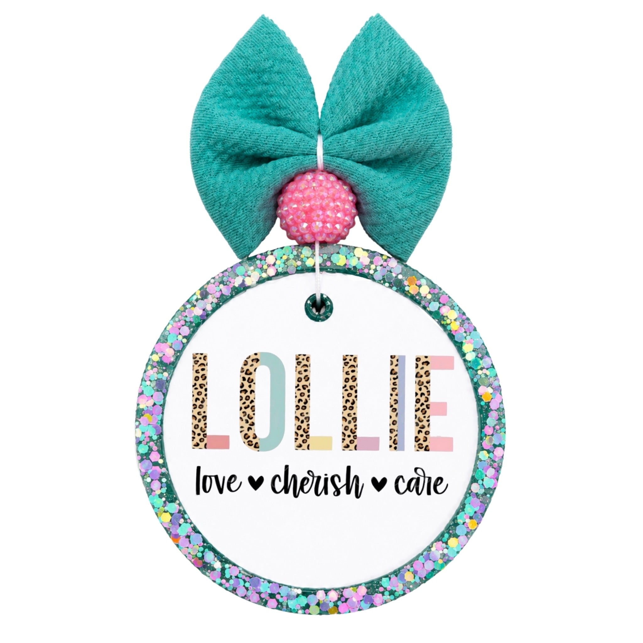 Lollie lettering with leopard accents and the words love, cherish, care.