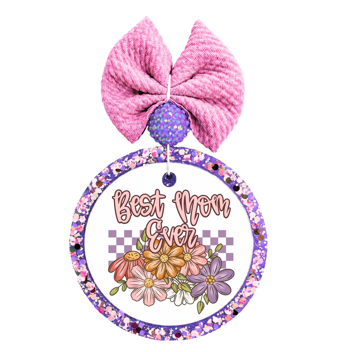 Best Mom Ever floral design with purple checkerboard background.