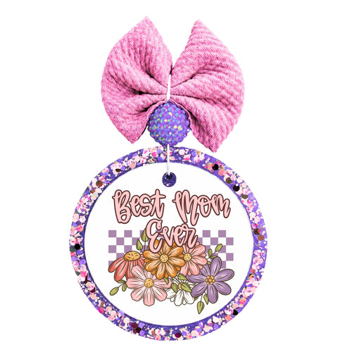Best Mom Ever floral design with purple checkerboard background.