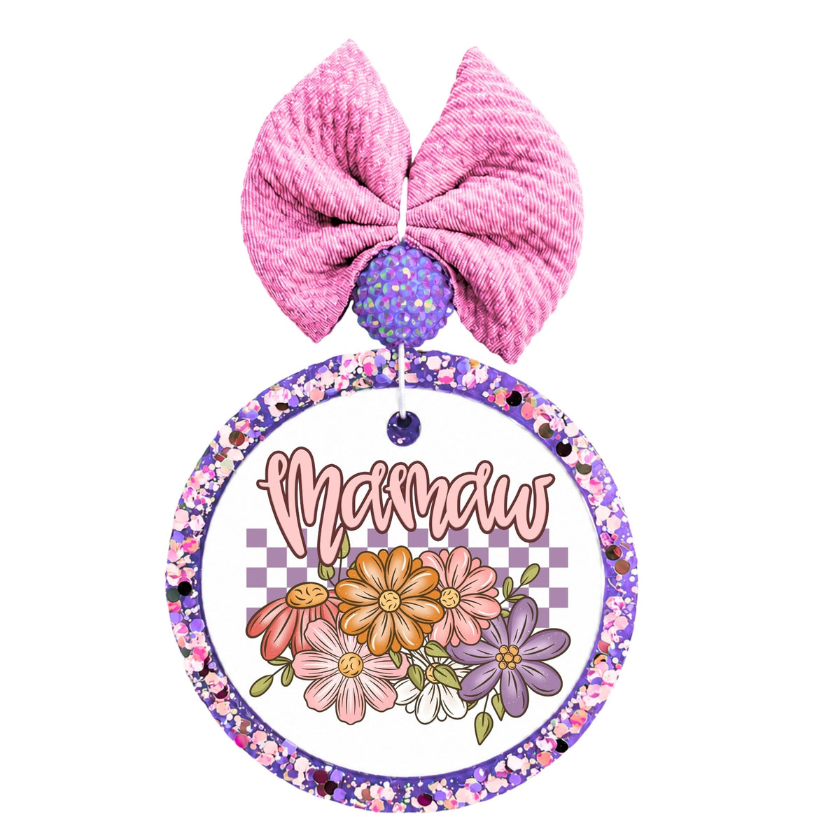 Mamaw script design with colorful flowers and purple checkerboard background.