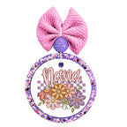 Nana script design with colorful flowers and purple checkerboard background.