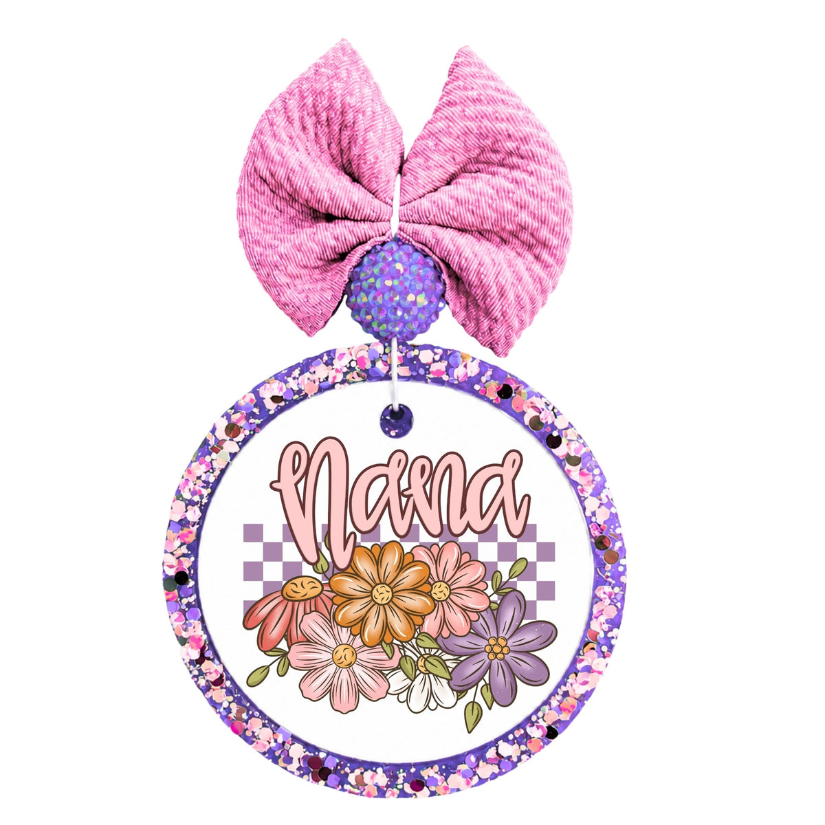 Nana script design with colorful flowers and purple checkerboard background.