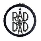 Rad Dad black typography design with a rock hand skeleton graphic.