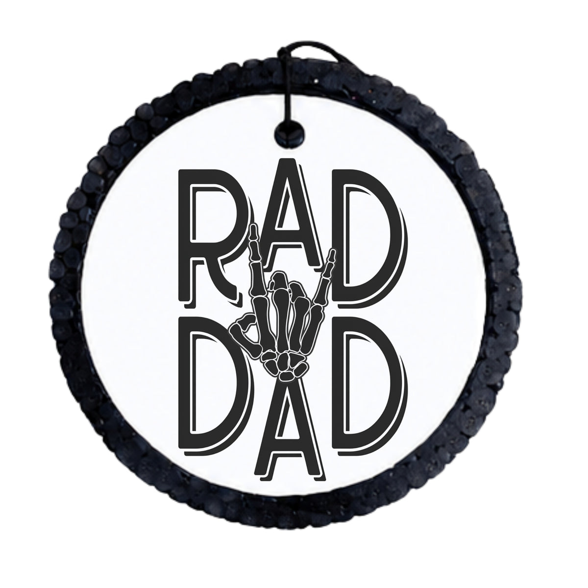 Rad Dad black typography design with a rock hand skeleton graphic.