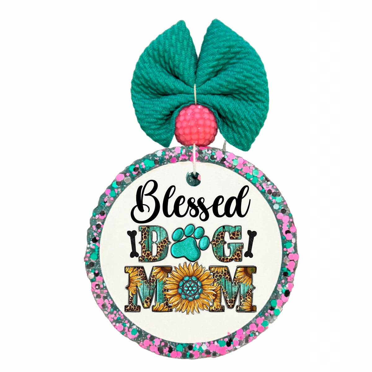 Blessed Dog Mom design with leopard print, sunflowers and turquoise accents.