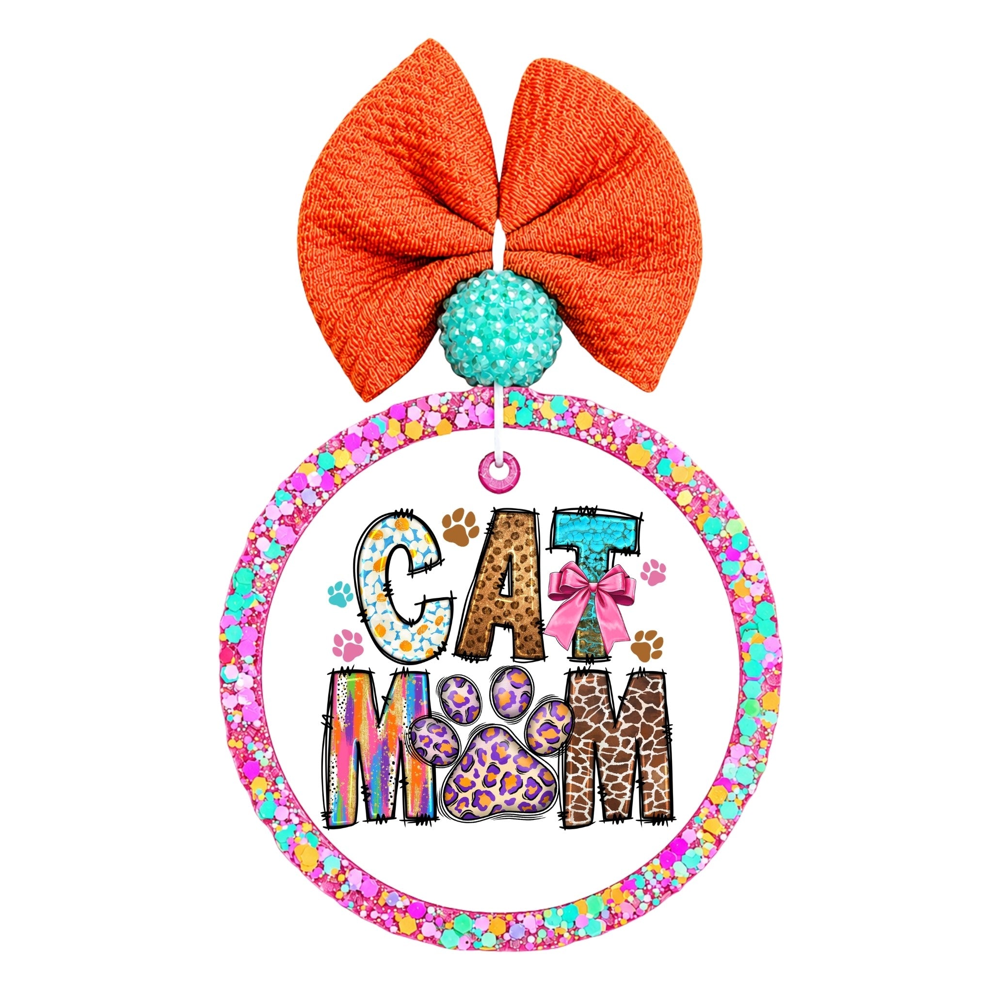 Cat Mom colorful animal print typography with paw prints and a pink bow.