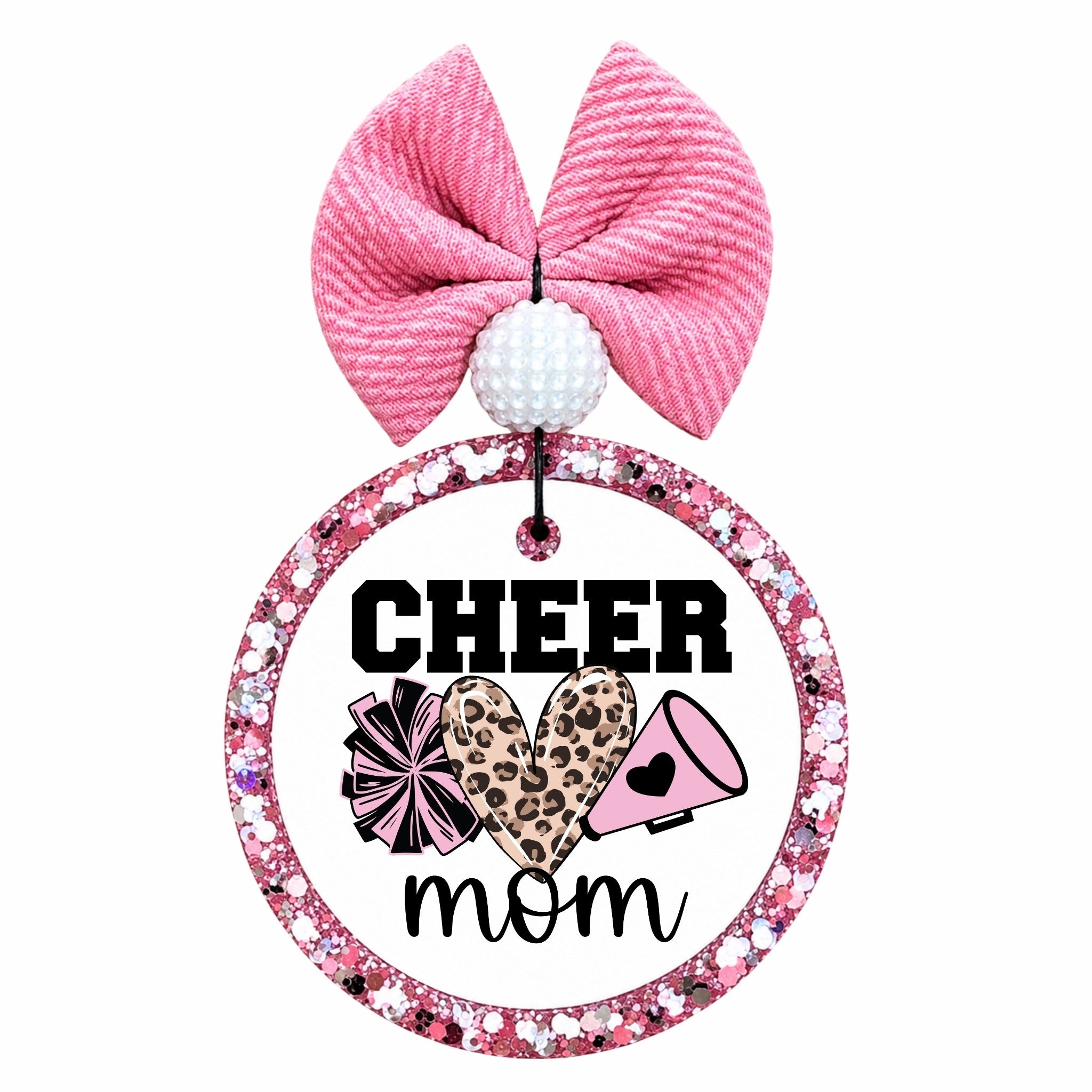 Cheer Mom design with leopard print heart, pink pom and megaphone.