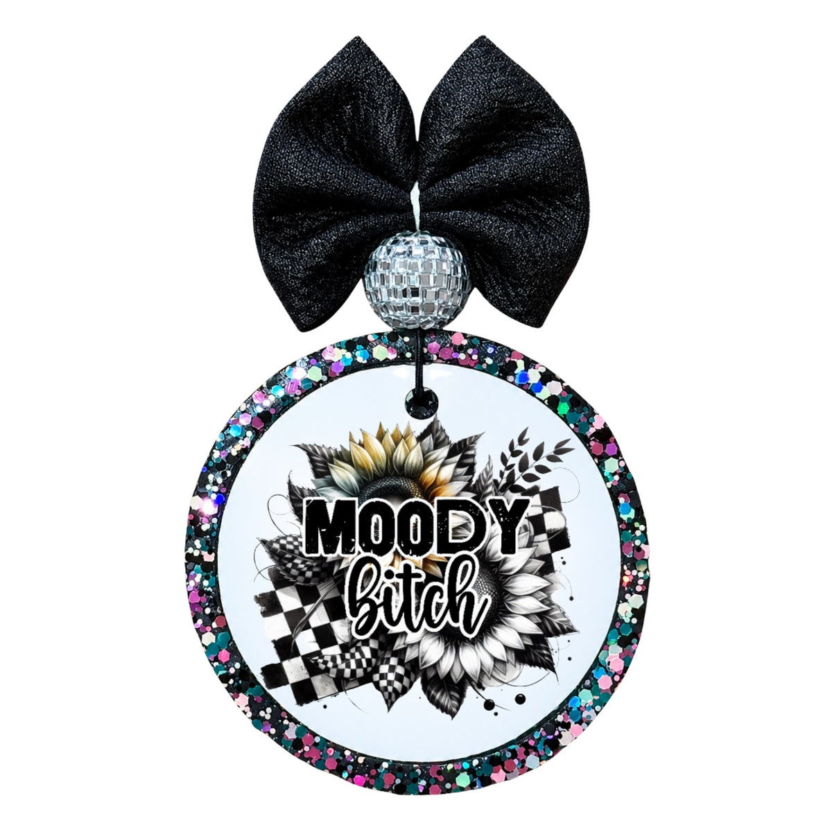 Moody Bitch black and white sunflower and checkerboard design.