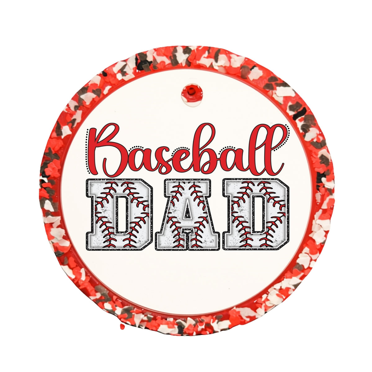 Baseball Dad design with red script and baseball stitch lettering.