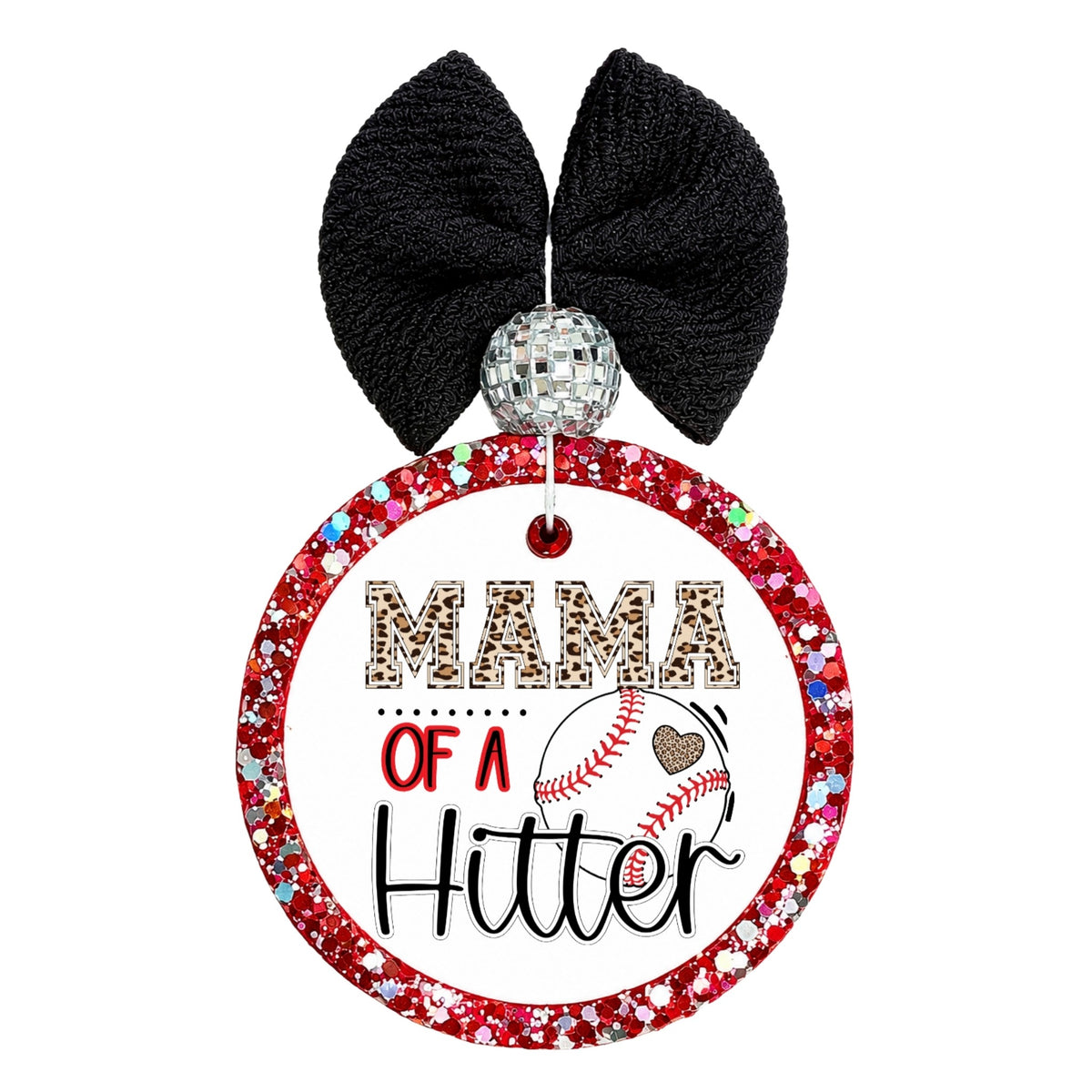 Mama of a Hitter baseball design with leopard print lettering and baseball heart.