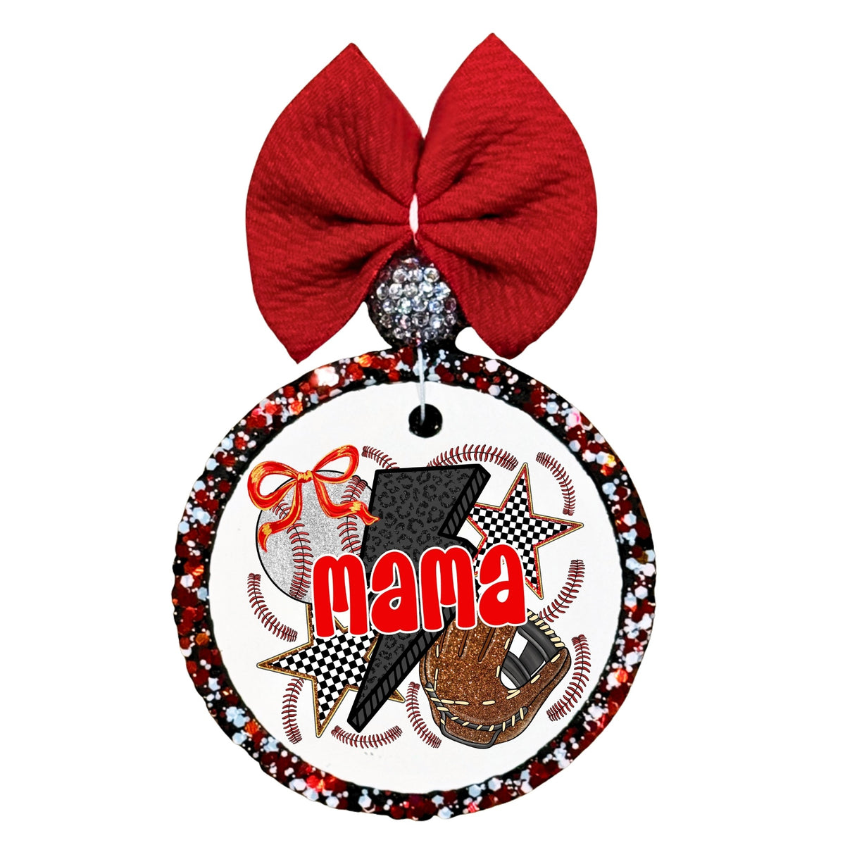 Baseball Mama design with bold red lettering, baseballs, bat, glove and stars.