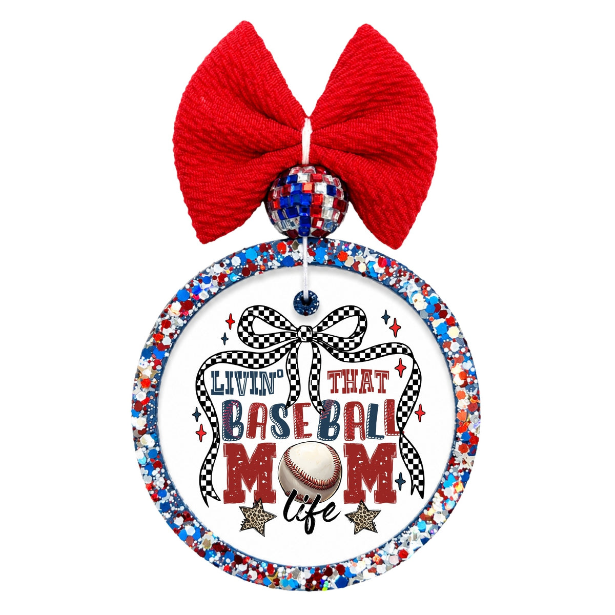 Livin' That Baseball Mom Life design with checkered ribbon, baseball and leopard print stars.
