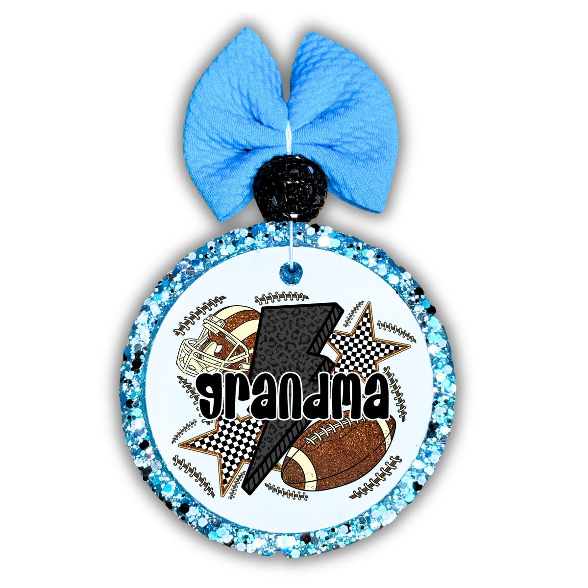 Grandma football design with helmet, football, stars and black lightning bolt.