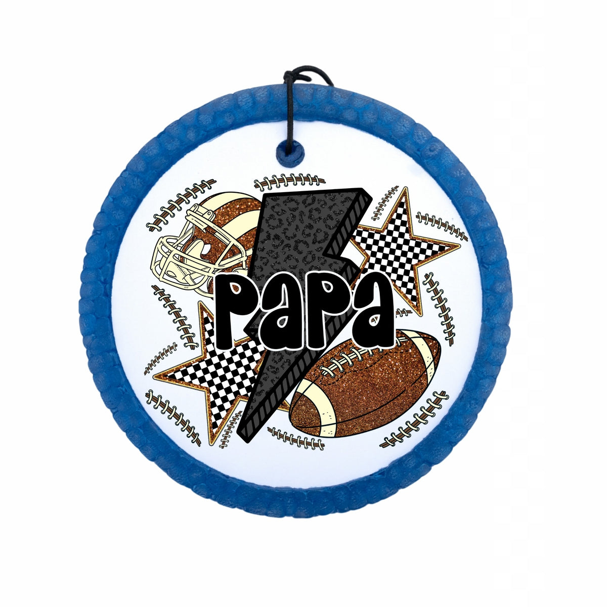 Papa football design with helmet, football, stars and black lightning bolt.