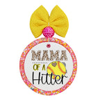 Mama of a Hitter softball design with leopard print lettering and yellow softball heart.