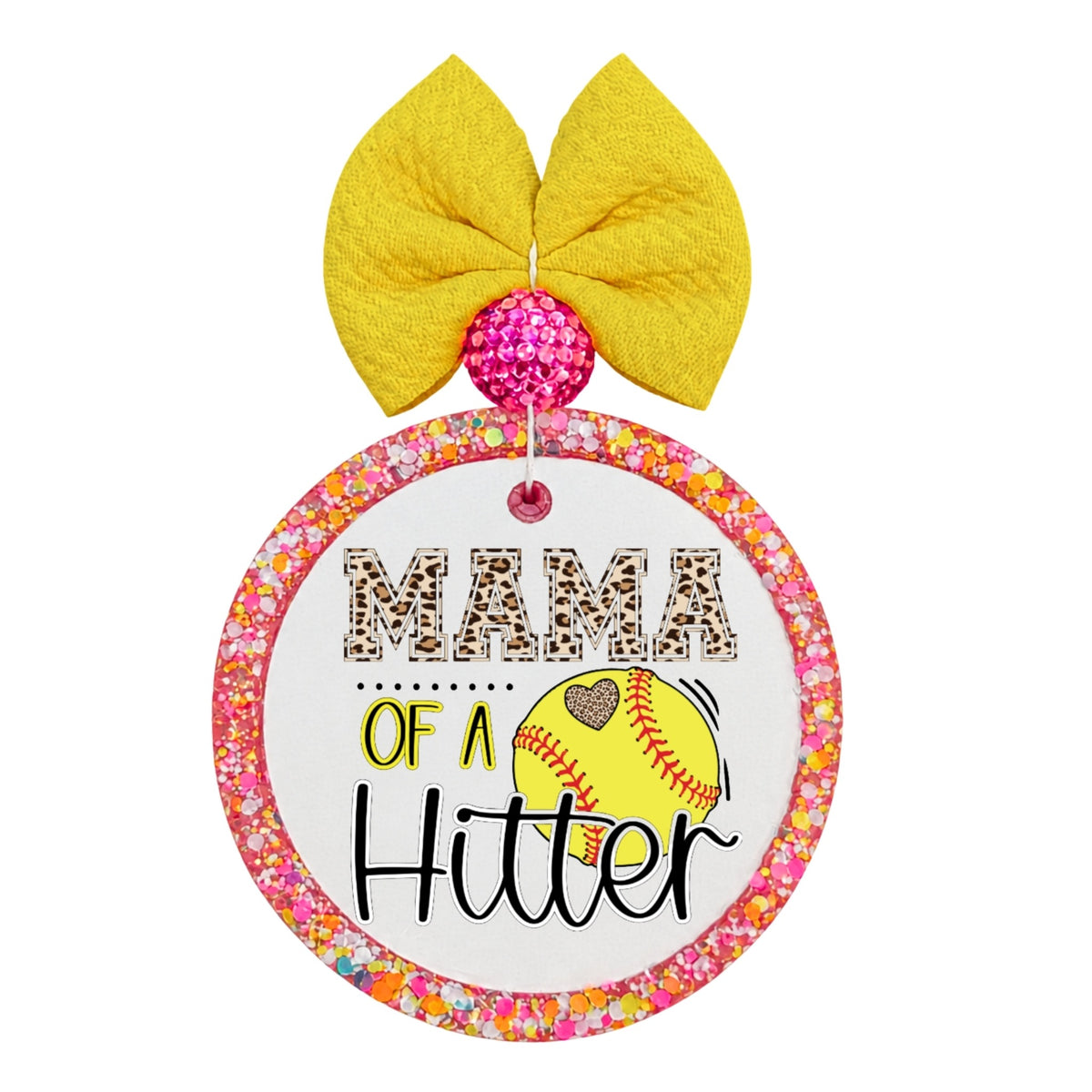 Mama of a Hitter softball design with leopard print lettering and yellow softball heart.