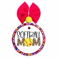 Softball Mom design with leopard print lettering, yellow softball and red heart.