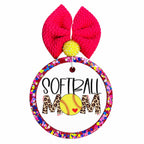 Softball Mom design with leopard print lettering, yellow softball and red heart.
