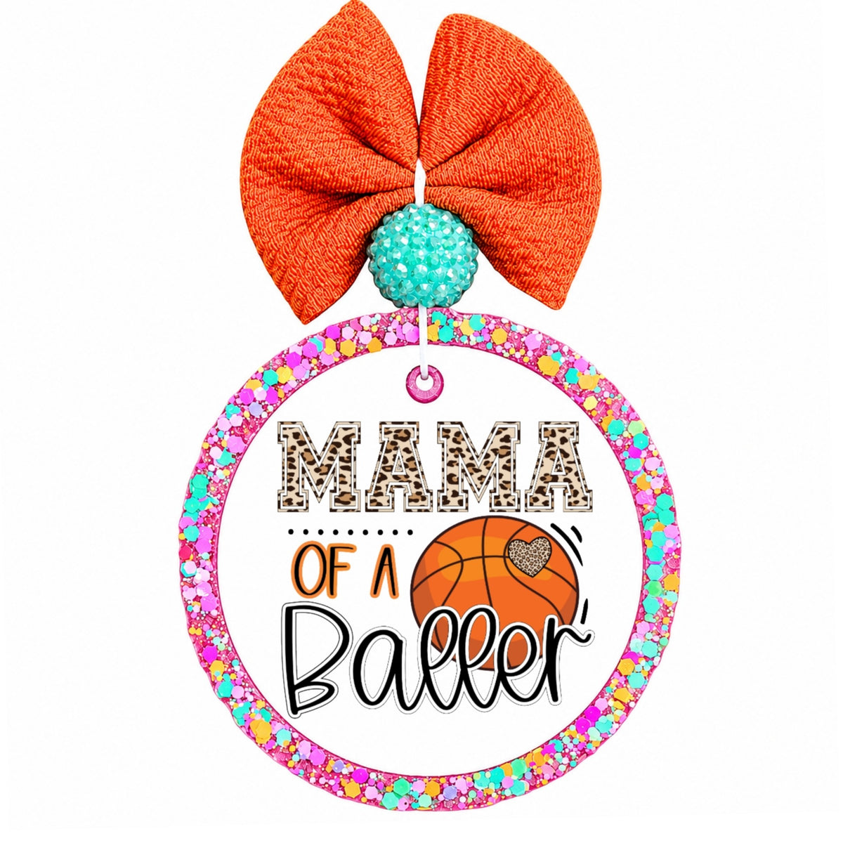 Mama of a Baller basketball design with leopard print lettering and orange basketball.