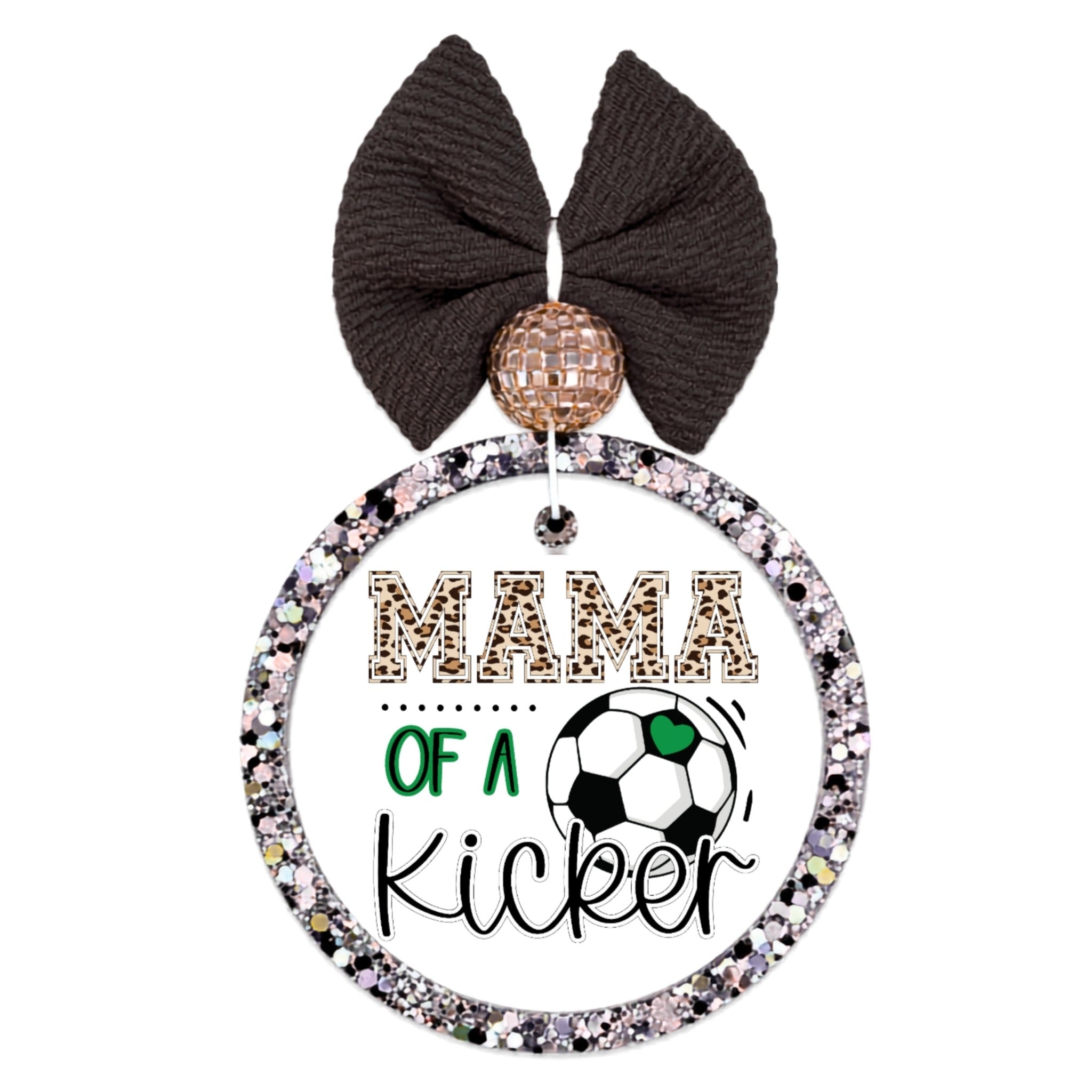 Mama of a Kicker soccer design with leopard print lettering and soccer ball.