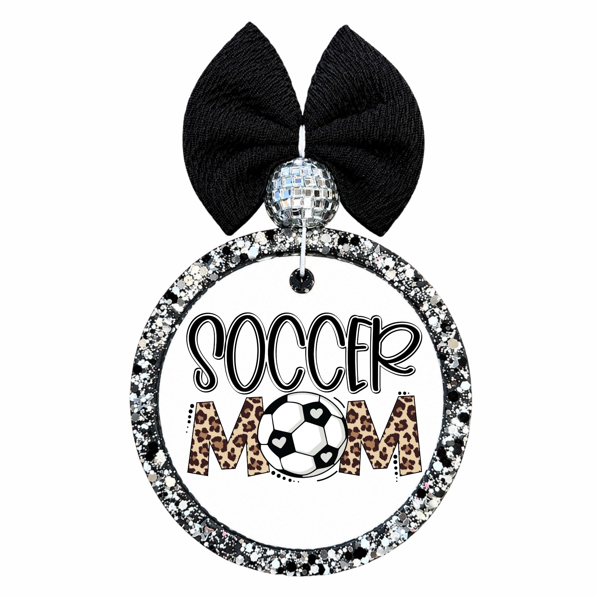 Soccer Mom design with leopard print lettering and black and white soccer ball.