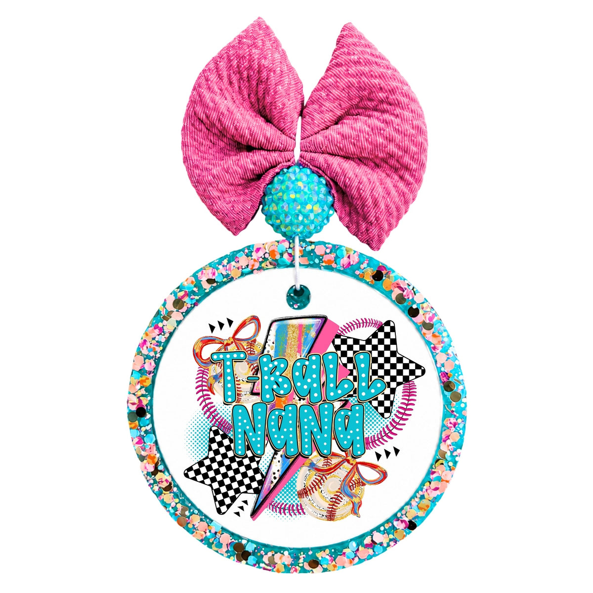 T-Ball Nana colorful design with baseballs, bows, lightning bolt and checkered stars.