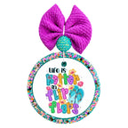 Life Is Better in Flip Flops colorful beach design with flip flops, hibiscus flowers and seashells.