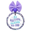 My Driving Scares Me Too retro purple and aqua typography with smiley faces and sparkles.