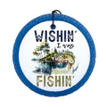 Wishin' I Was Fishin' design with bass fish and watercolor lake scene.