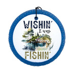 Wishin' I Was Fishin' design with bass fish and watercolor lake scene.
