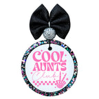 Cool Aunts Club pink retro typography with checkered detail and hand graphic.