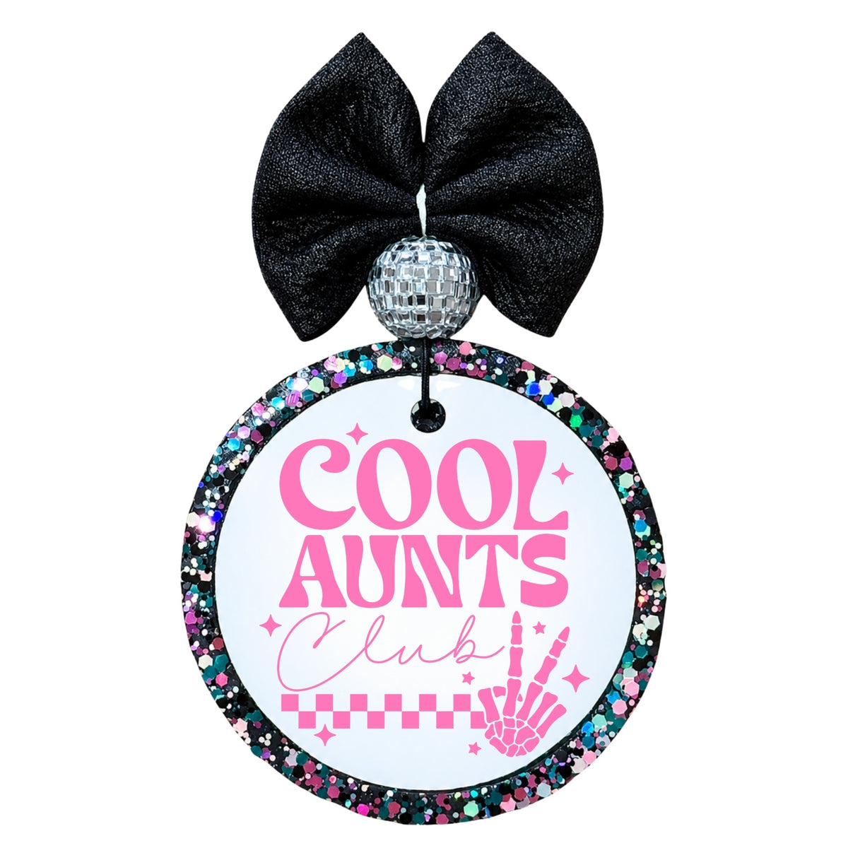 Cool Aunts Club pink retro typography with checkered detail and hand graphic.