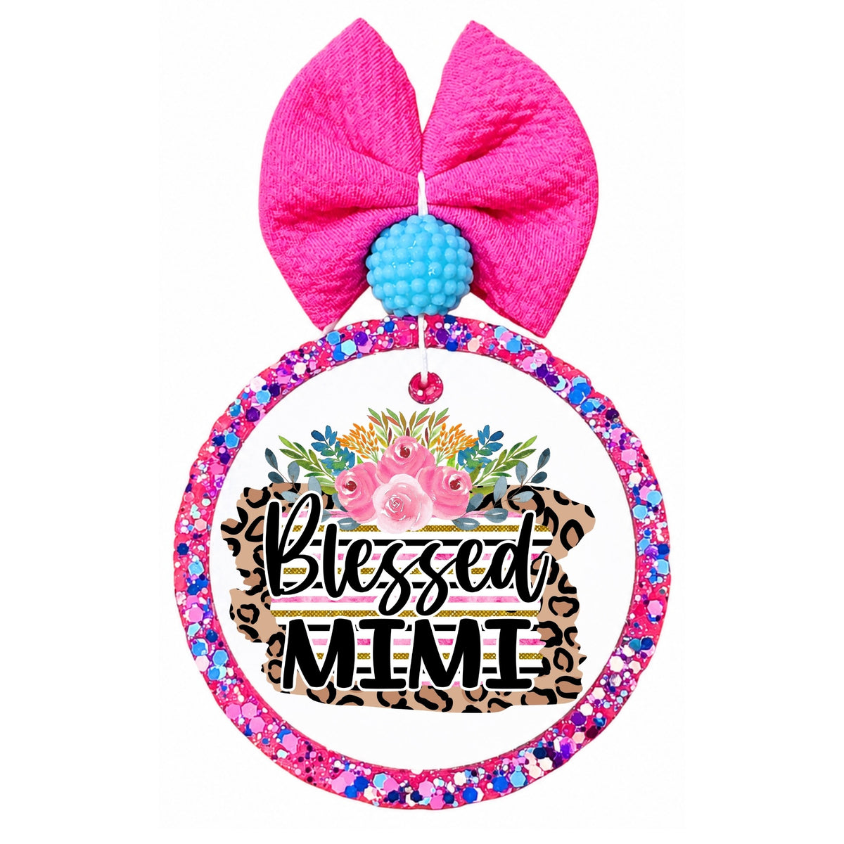 Blessed Mimi design with leopard print, gold stripes and pink flowers.