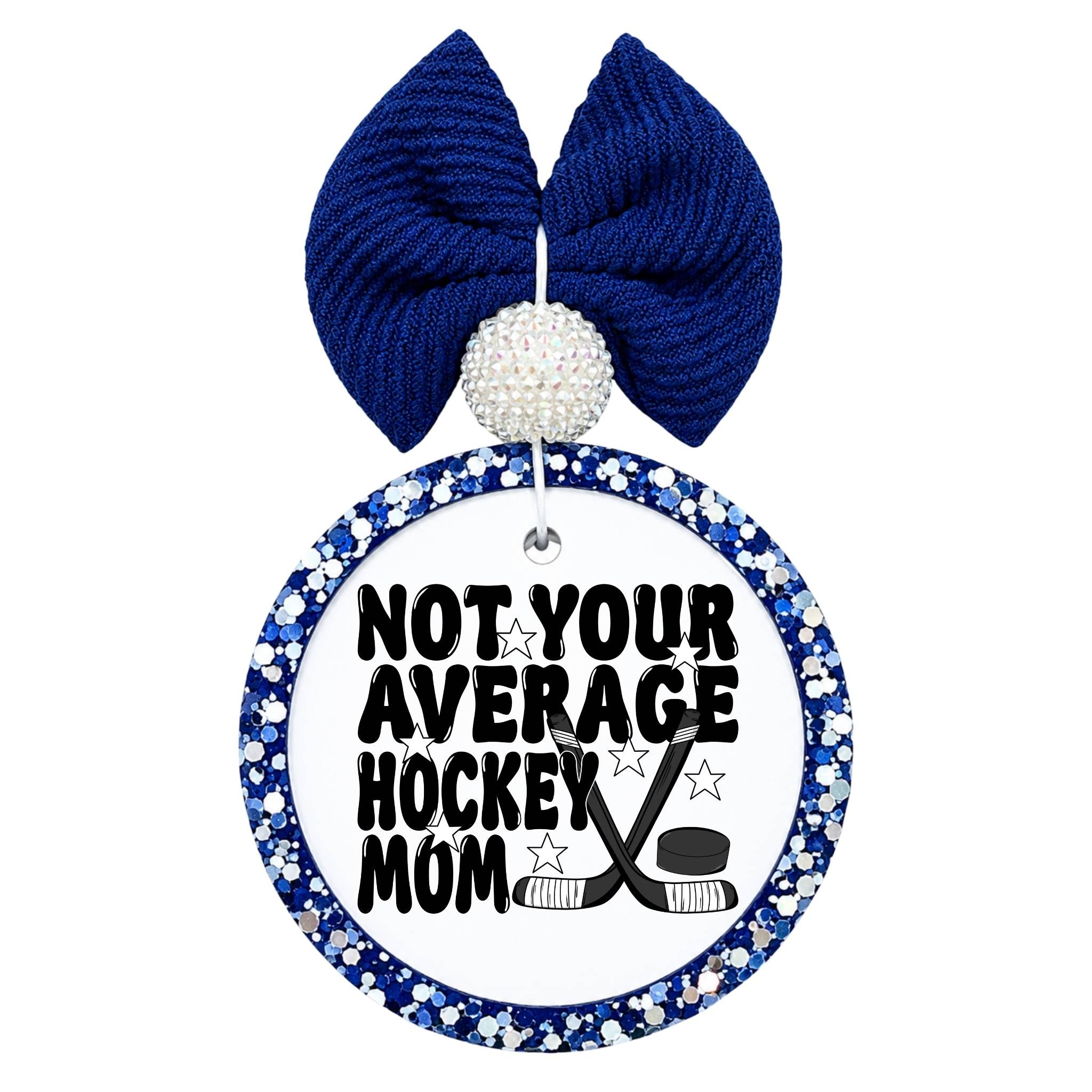 Not Your Average Hockey Mom graphic with hockey sticks, puck and stars