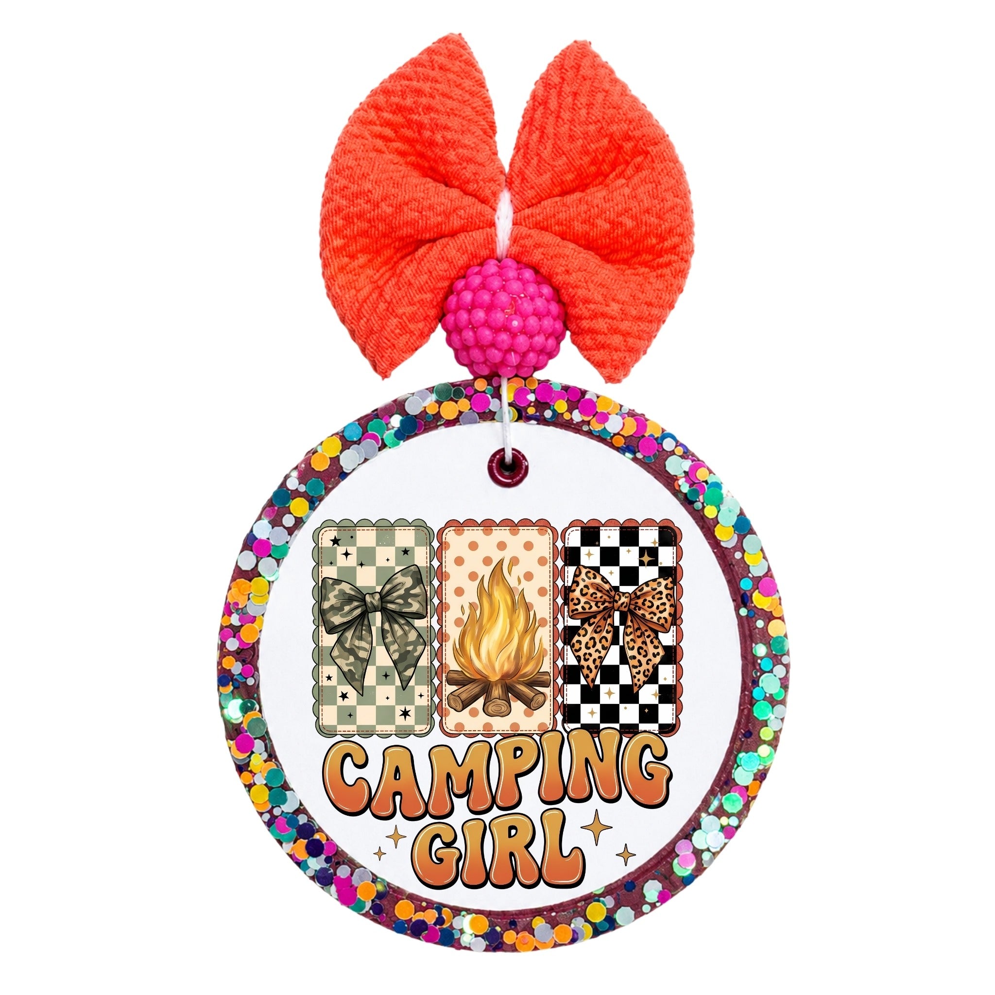Camping Girl graphic with campfire, camouflage bow and leopard bow panels