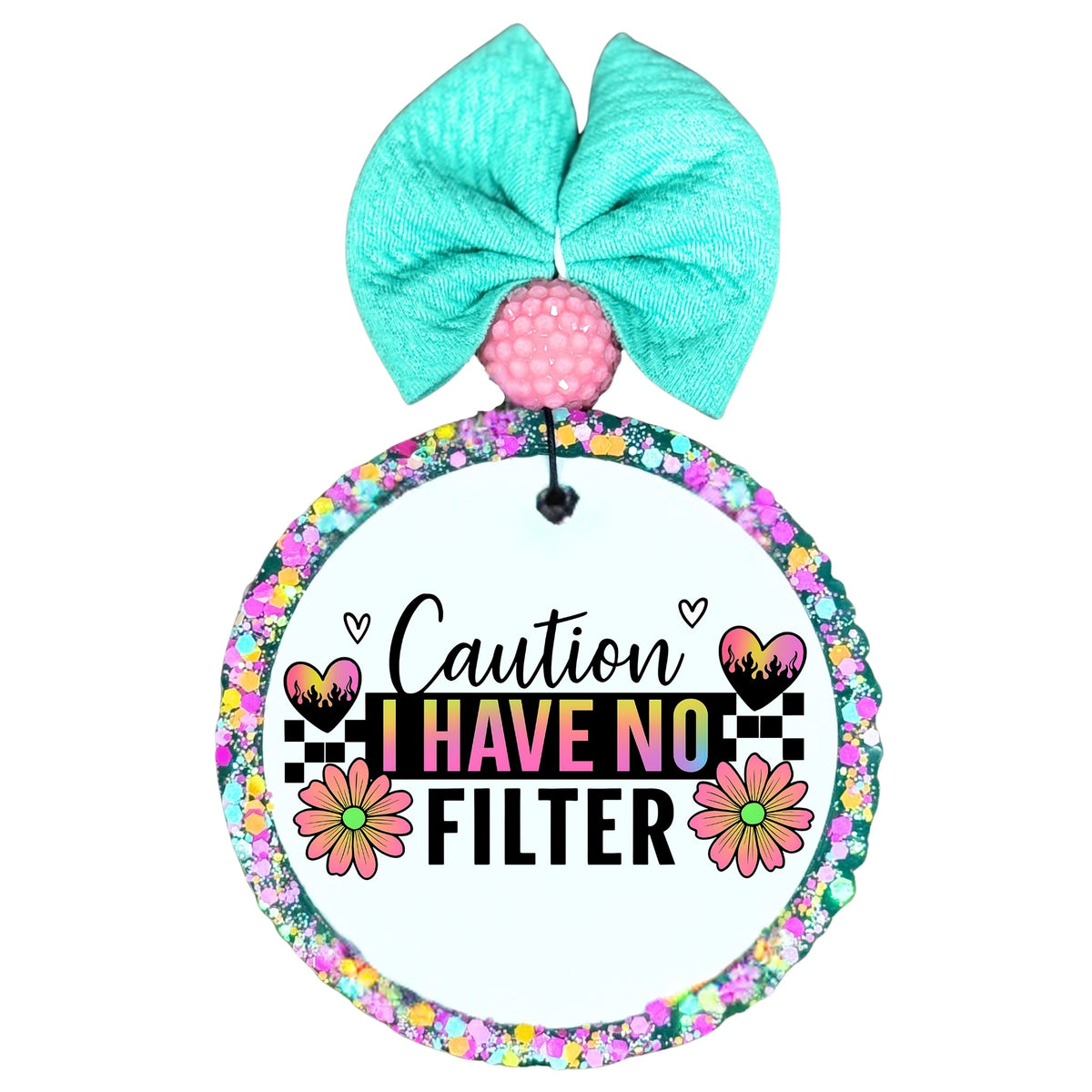 Caution I Have No Filter graphic with checkerboard, hearts and flowers