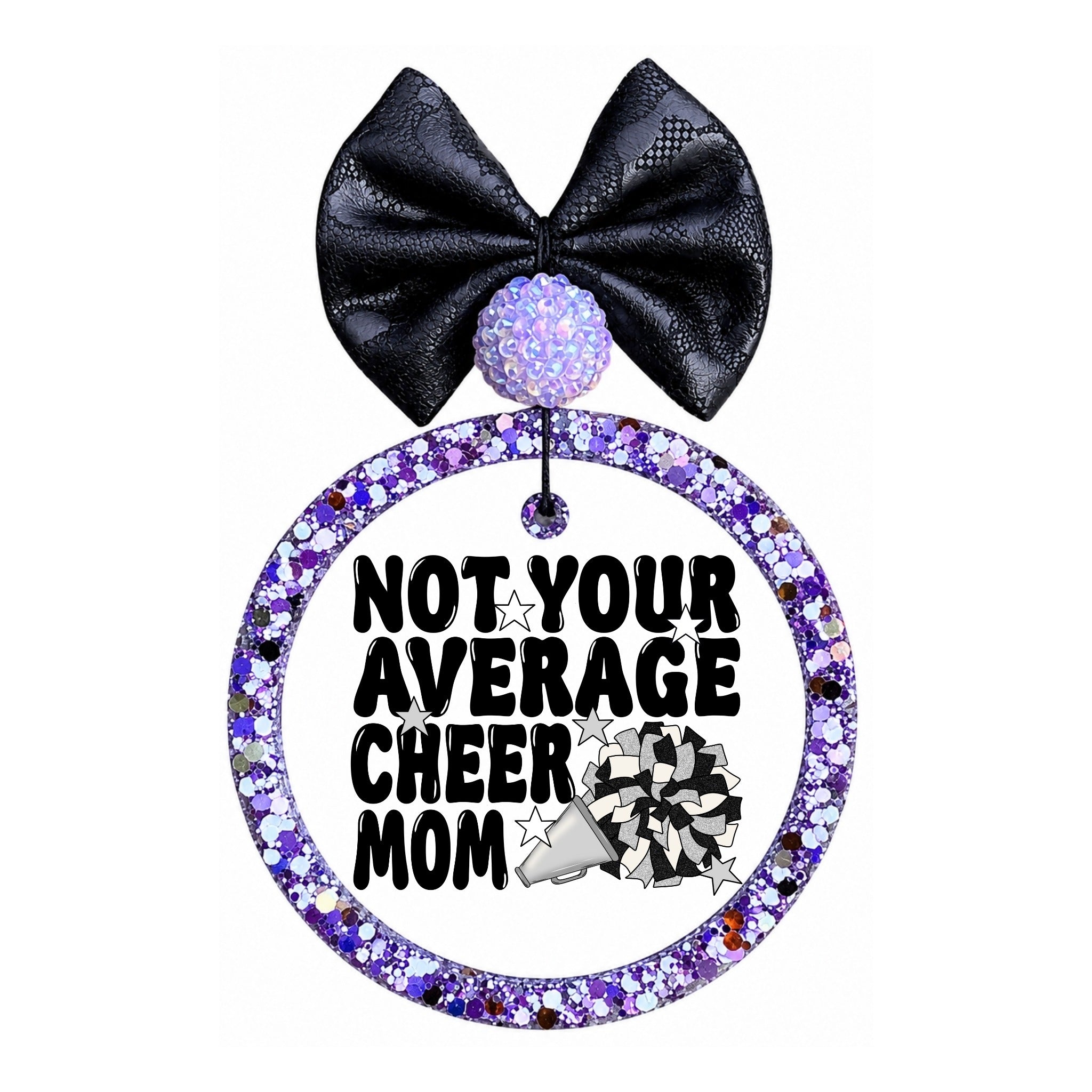 Not Your Average Cheer Mom graphic with megaphone, pom pom and stars