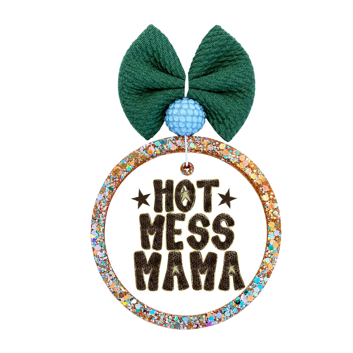 Hot mess mama text in brown western-style lettering with stars.