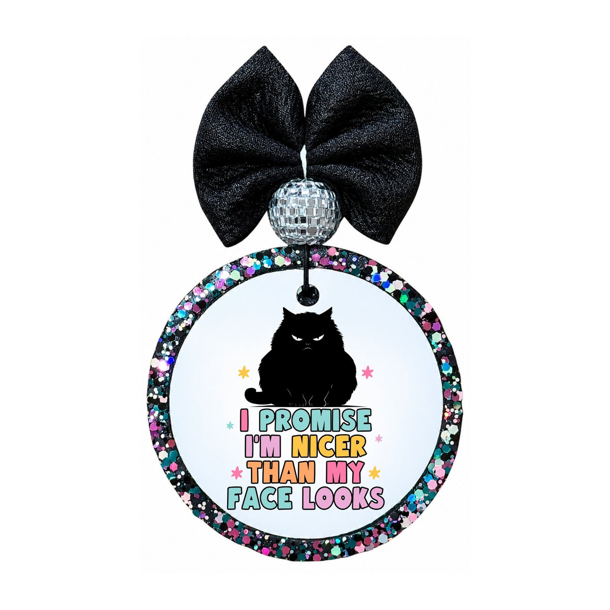 I promise I'm nicer than my face looks text with grumpy black cat graphic.