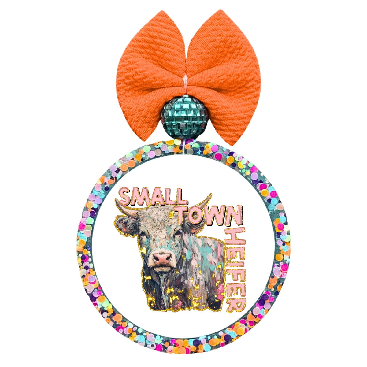 Small town heifer text with a colorful cow graphic.