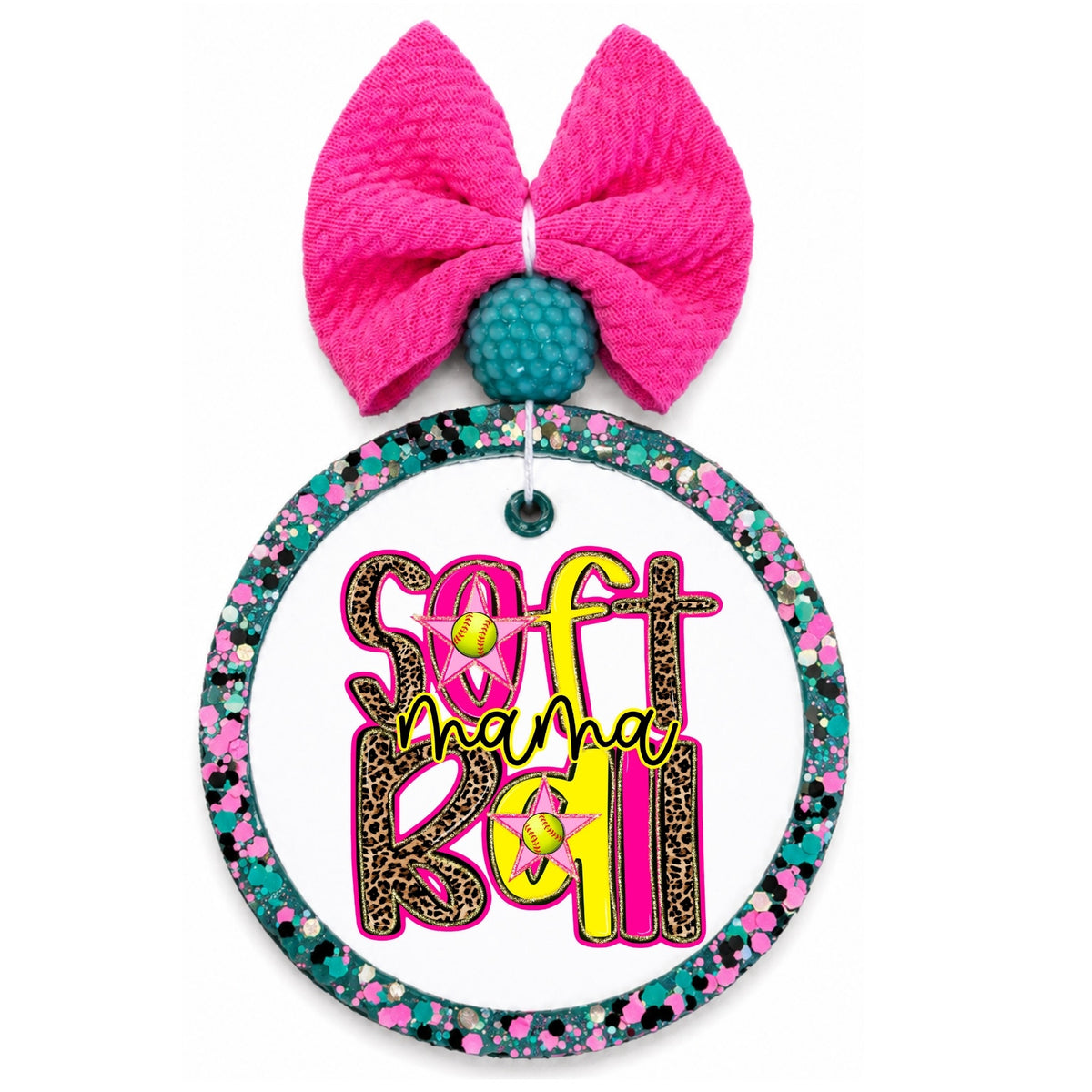 Softball mama text in leopard and bright yellow lettering with softball star accents.