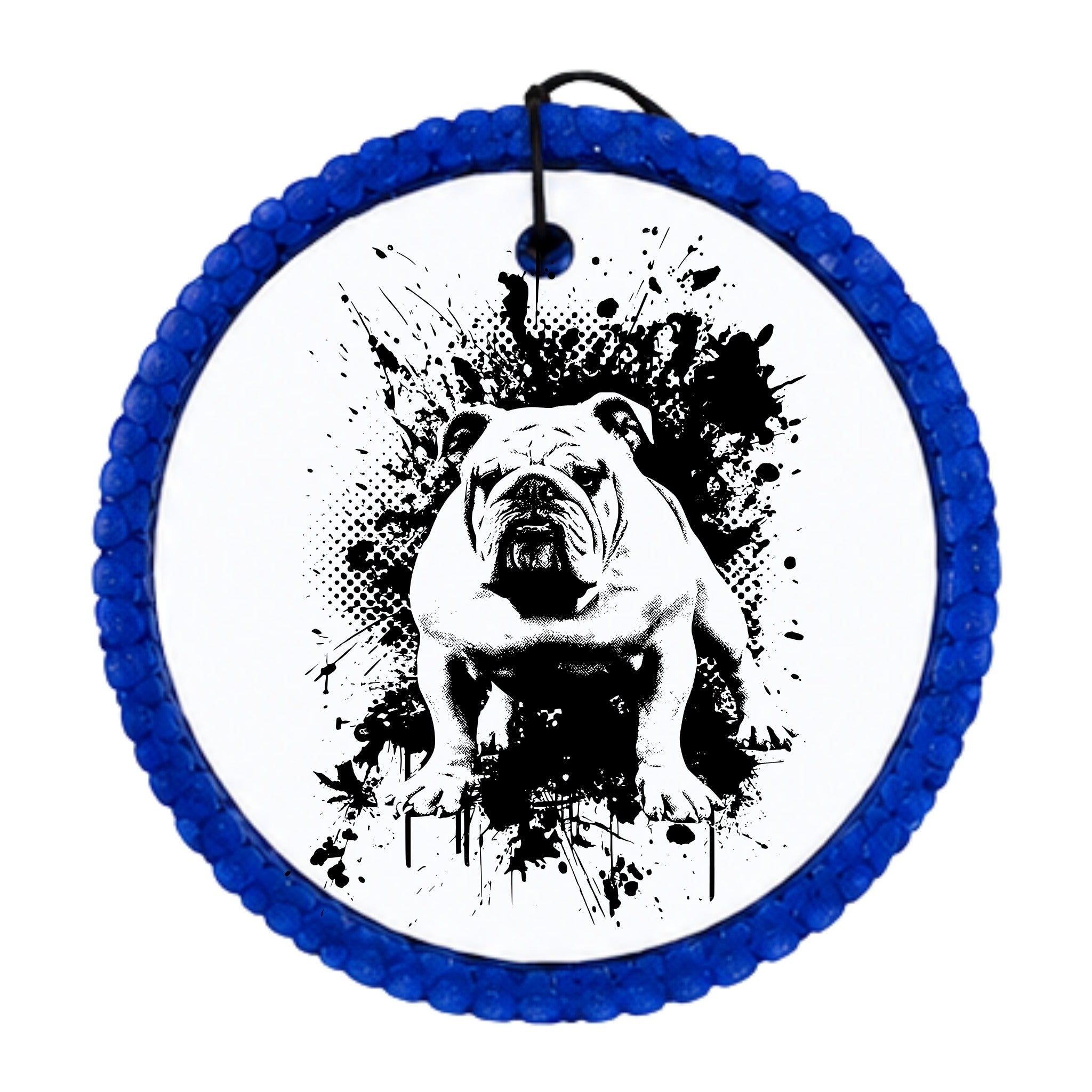Black and white American bulldog with paint splatter background.